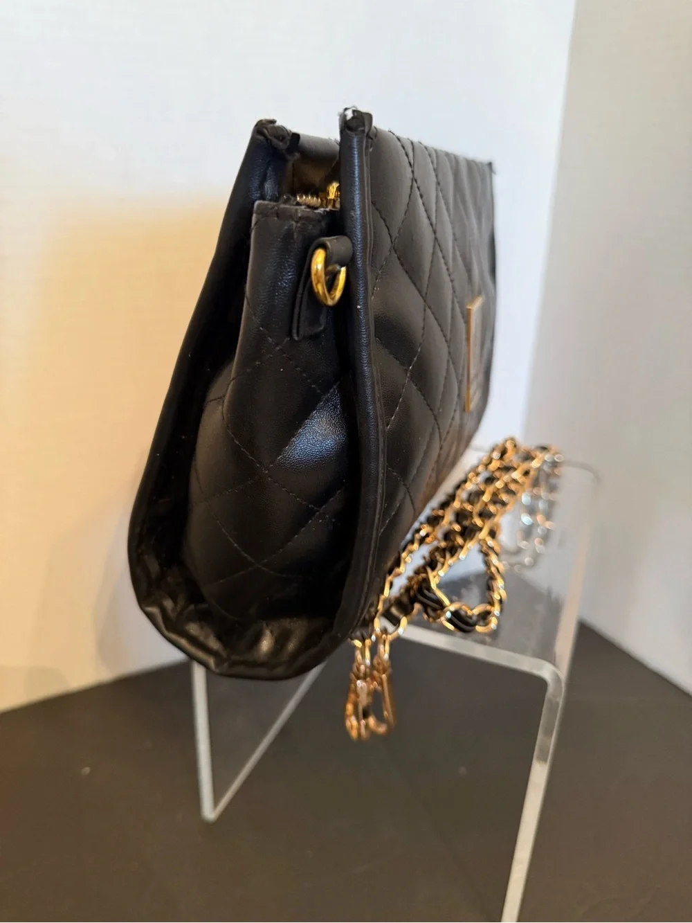 Younique Black Faux Lesther Quilted Crossbody with Gold Chain
